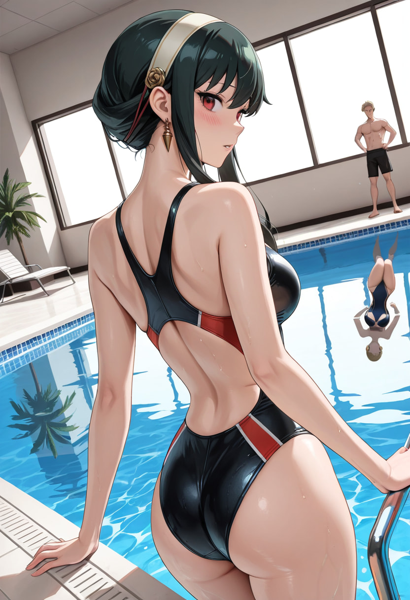 Illustrious Yor Briar, Spy x Family, swimsuit, poolside, anime AI generator, looking back.