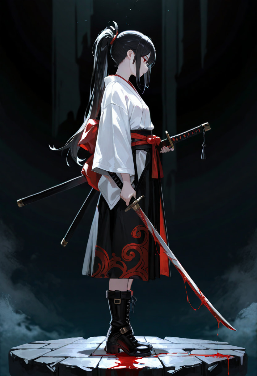Noobai Black-haired girl, katana, blood splatter, anime AI art, full body, holding weapon.