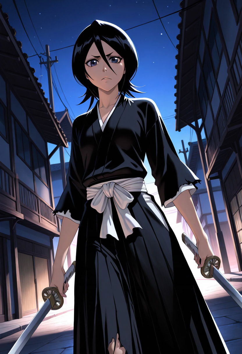 Animagine Rukia Kuchiki, Bleach, sword, anime AI-generated, dramatic night scene, torn clothes.